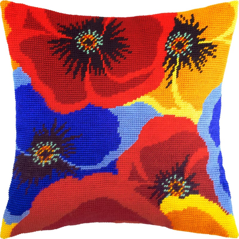 Brvsk Floral Embroidery Kit for Adults and Beginners â€” Colors of Poppies 16â€³â€‰Ã—â€‰16â€³ with Clear, Precise Printed Design on Cotton Canvas; Includes 2 Needles, Yarn, and Easy-Read Chart - Image 1
